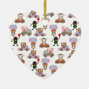 Sweet Animals In Cars With Traffic Light Pattern Ceramic Tree Decoration