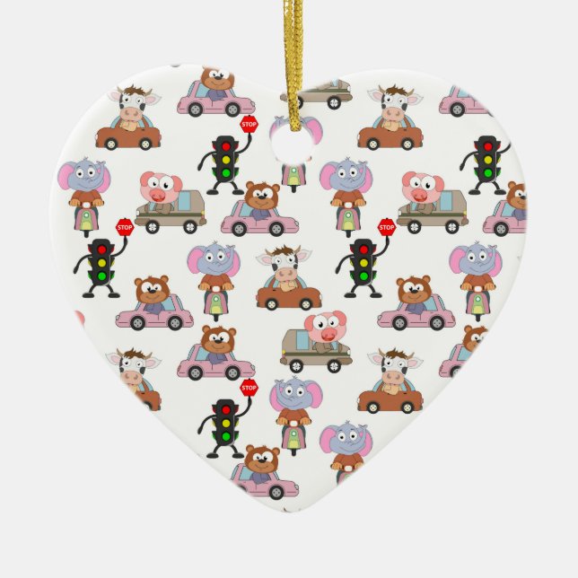 Sweet Animals In Cars With Traffic Light Pattern Ceramic Tree Decoration (Front)