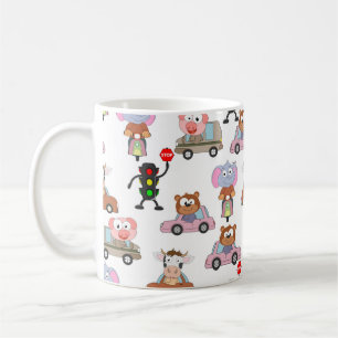 Sweet Animals In Cars With Traffic Light Pattern Coffee Mug