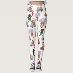 Sweet Animals In Cars With Traffic Light Pattern Leggings