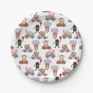 Sweet Animals In Cars With Traffic Light Pattern Paper Plate