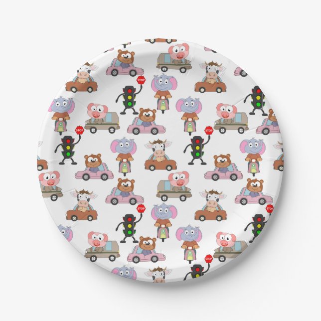 Sweet Animals In Cars With Traffic Light Pattern Paper Plate (Front)