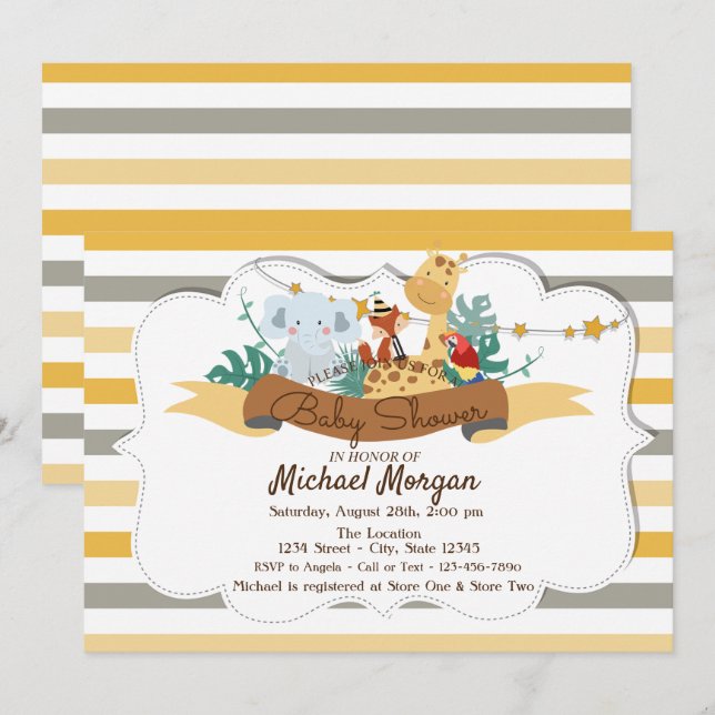 Sweet Animals Safari Striped Baby Shower Invitation (Front/Back)
