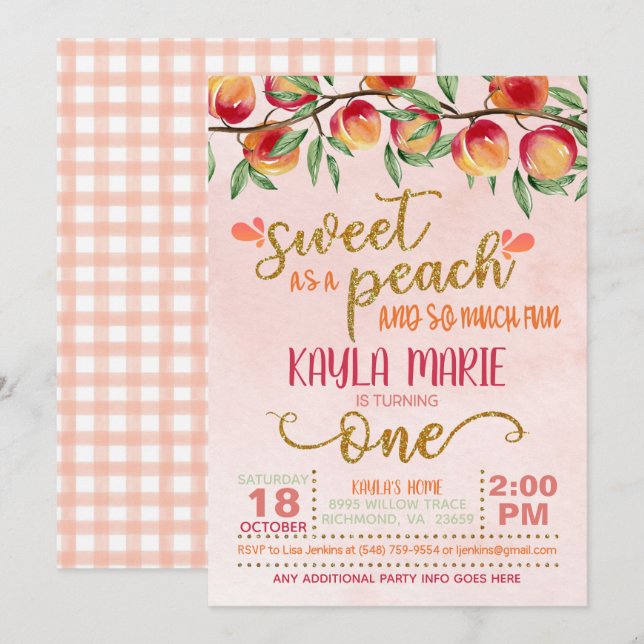 Sweet as a Peach 1st Birthday Invitation - Gingham (Front/Back)