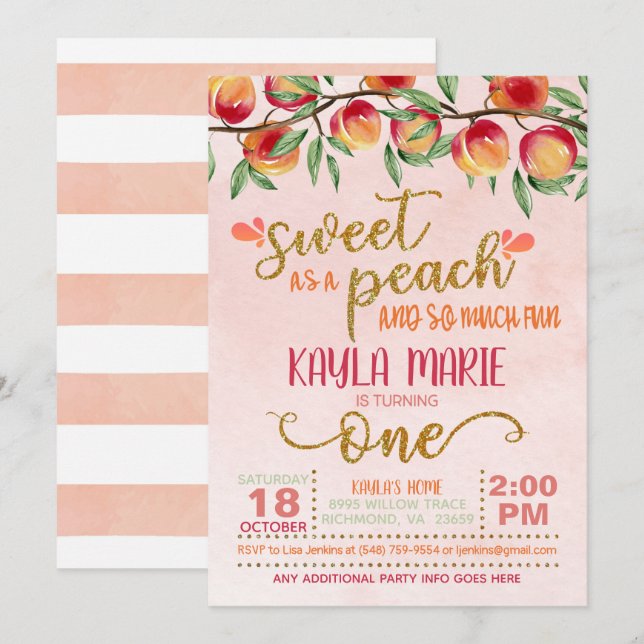Sweet as a Peach 1st Birthday Invitation - Stripes (Front/Back)