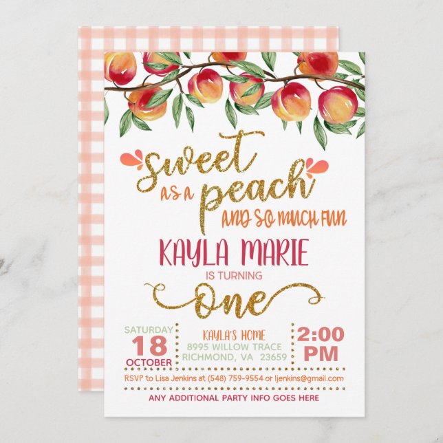 Sweet as a Peach 1st Birthday Invitation - W GG (Front/Back)