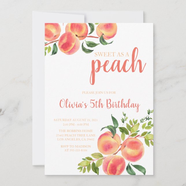 Sweet as a Peach Birthday Invitation (Front)
