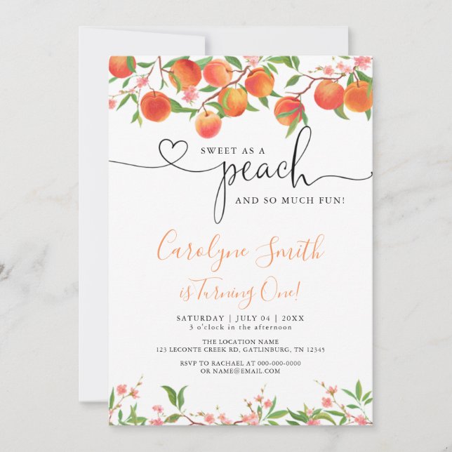 Sweet As A Peach Birthday Party Invitation (Front)