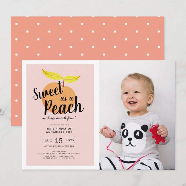 Sweet as a Peach Cute Girl Photo1st Birthday Invitation (Front/Back)