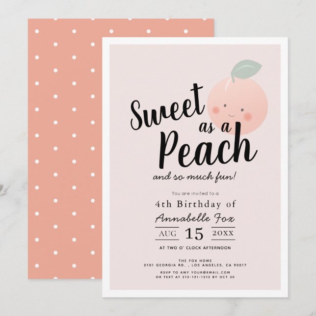 Sweet as a Peach Cute Kawaii Girl Birthday Invitation (Front/Back)