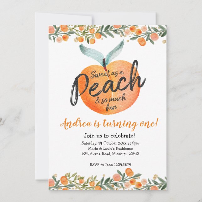 Sweet as a Peach First Birthday Invitation (Front)