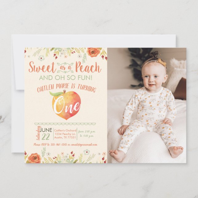 Sweet As A Peach First Birthday Photo Invitation (Front)