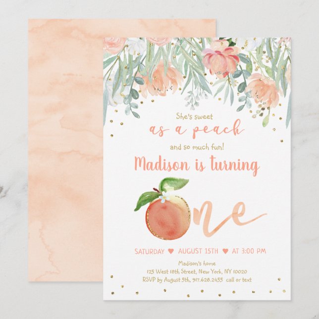 Sweet As A Peach Floral Gold First Birthday Invitation (Front/Back)
