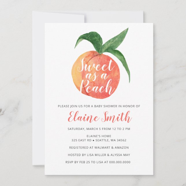 Sweet as a Peach Gender Neutral Baby Shower Invitation (Front)