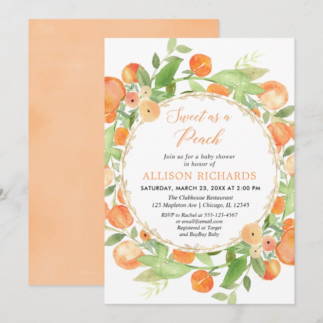 Sweet as a peach girl baby shower invitation (Front/Back)