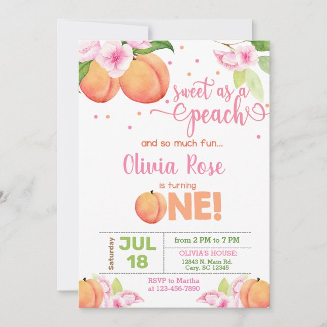 Sweet as a peach girl birthday invitation. invitation (Front)