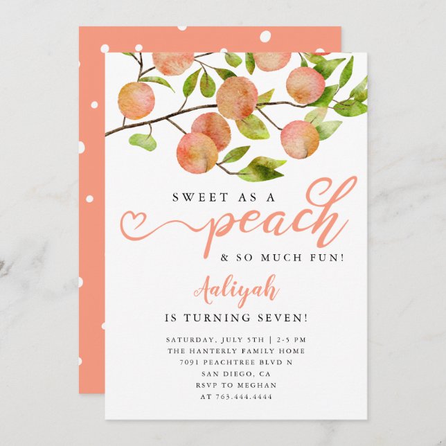 Sweet As A Peach Girl Birthday Party Invitation (Front/Back)