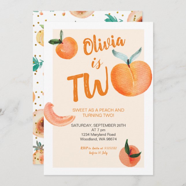 Sweet As A Peach Is Turning Two Invitation (Front/Back)