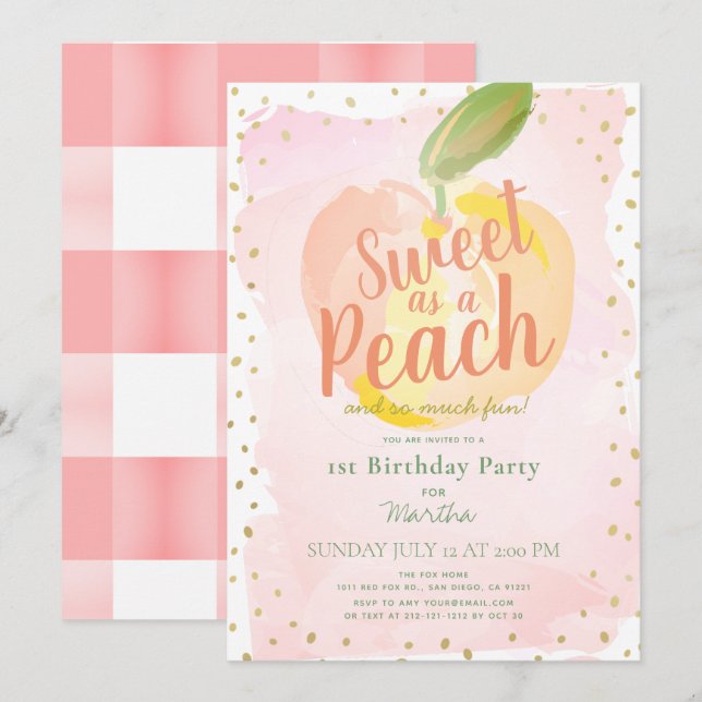 Sweet as a Peach Pink Girl 1st Birthday Invitation (Front/Back)