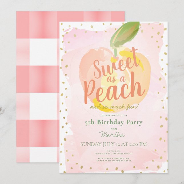 Sweet as a Peach Pink Girl Birthday Invitation (Front/Back)