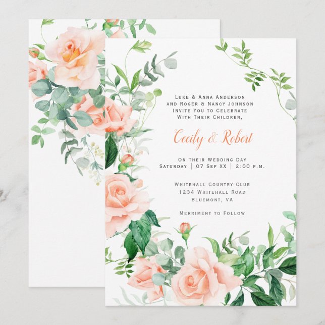 Sweet as a Peach Watercolor Roses Wedding Invitation (Front/Back)