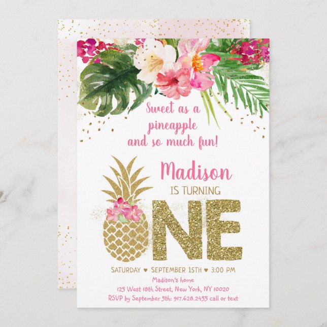 Sweet As A Pineapple Pink Gold First Birthday Invitation (Front/Back)