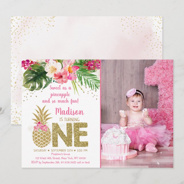 Sweet As A Pineapple Pink Gold First Birthday Invitation (Front/Back)