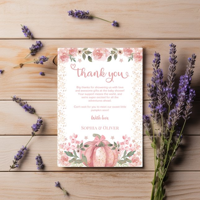 Sweet As A Pumpkin Pink Floral Girl Baby Shower Thank You Card (Creator Uploaded)