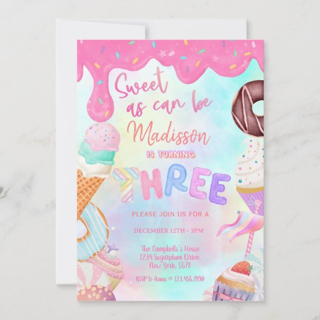 Sweet as can be girl 3rd birthday invitation (Front)