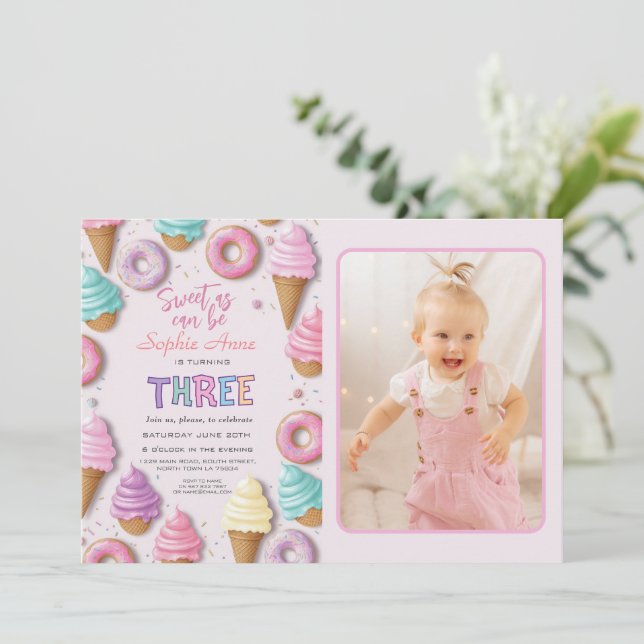 Sweet As Can Be Girl 3rd Birthday  Invitation (Standing Front)
