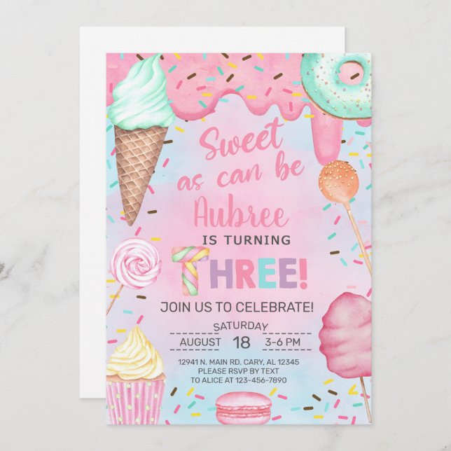 Sweet as can be girl 3rd birthday invitation. invitation (Front/Back)