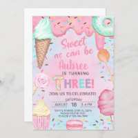 Sweet as can be girl 3rd birthday invitation.