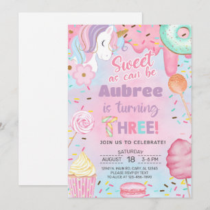 Sweet as can be girl Unicorn 3rd birthday invite. Invitation