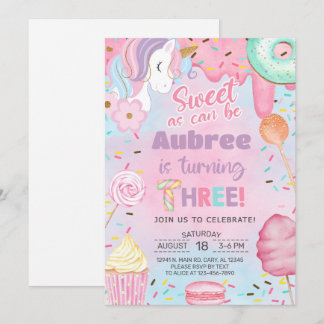 Sweet as can be girl Unicorn 3rd birthday invite. Invitation