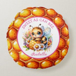 Sweet as Can Be   Honey bee and Flowers Round Cushion