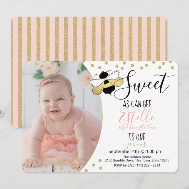 Sweet as can Bee 1st Birthday Party Photo Invitation (Front/Back)
