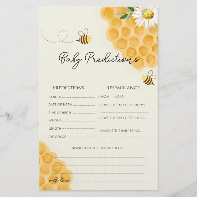 Sweet as can bee baby shower baby predictions card (Front)