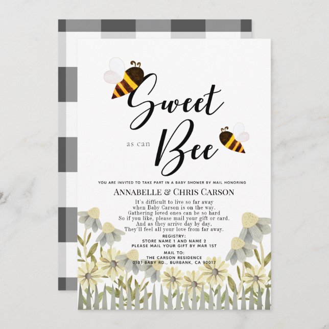 Sweet as can Bee Baby Shower by Mail Invitation (Front/Back)
