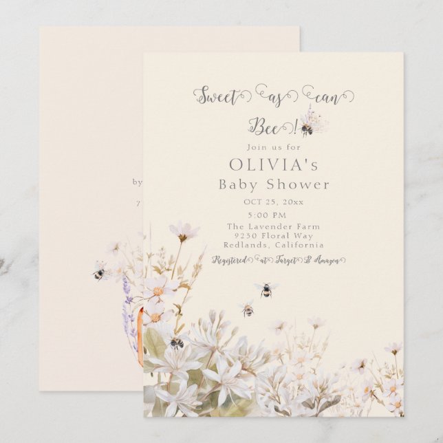Sweet as can Bee Baby Shower Invitation (Front/Back)
