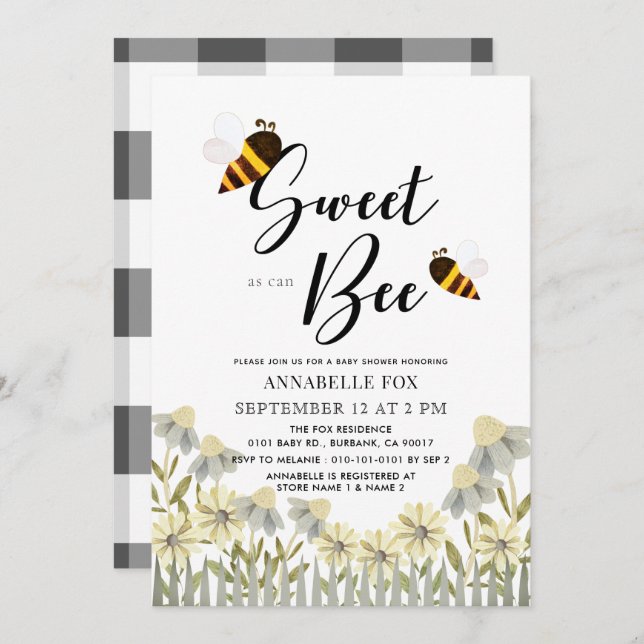 Sweet as can Bee Baby Shower Invitation (Front/Back)
