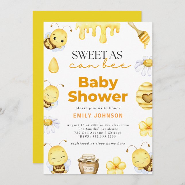 Sweet as Can Bee Baby Shower Invitation (Front/Back)