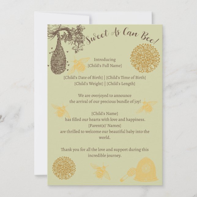 Sweet As Can bee Birth Announcement (Front)