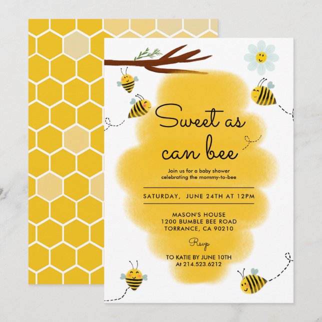 Sweet As Can Bee Bumble Bee Baby Shower Invitation (Front/Back)