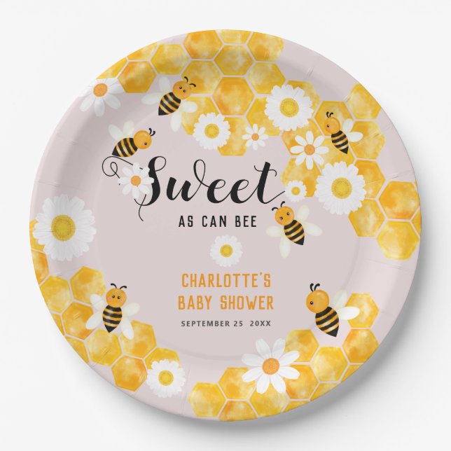 Sweet As Can Bee Bumble Bee Baby Shower Party Paper Plate (Front)