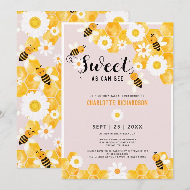 Sweet As Can Bee Cute Yellow Honey Bee Baby Shower Invitation (Front/Back)