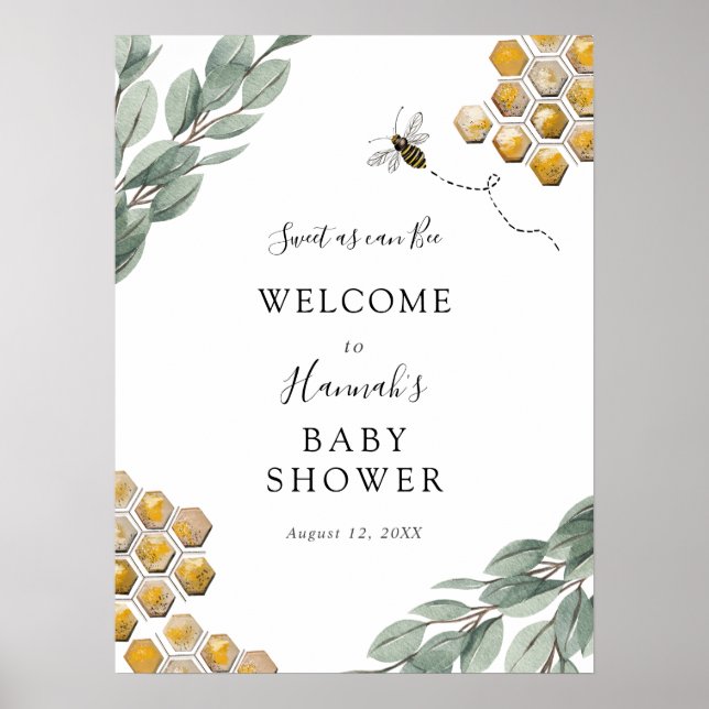 Sweet as can Bee Eucalyptus Baby Shower Welcome Poster (Front)