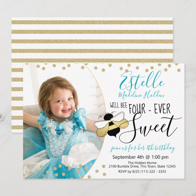 Sweet as can Bee Fourth Birthday Party Photo Invitation (Front/Back)
