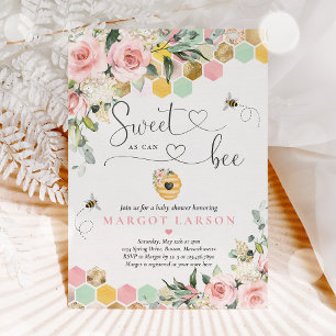 Sweet As Can Bee Greenery Pink & Gold Baby Shower Invitation