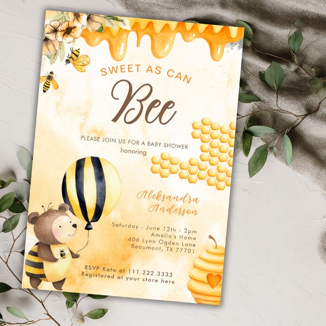 Sweet As Can Bee Honey Bear Baby Shower Yellow Invitation (Creator Uploaded)