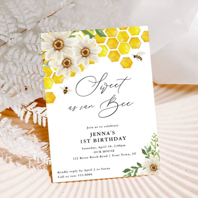 Sweet as Can Bee, Honey Bee and Daisies Birthday Invitation (Creator Uploaded)